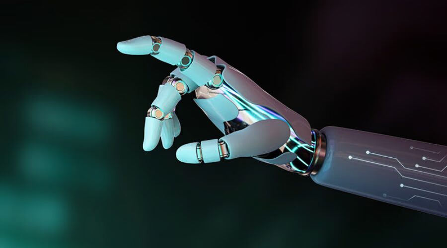 Mão robótica futurista representando o uso de inteligência artificial no marketing imobiliário para automação e qualificação de leads.